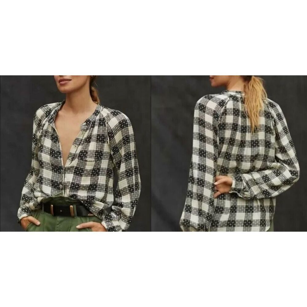 Anthropologie Womens Pilcro Breezy Button Shirt Wool Blend Plaid Peasant Boho XS